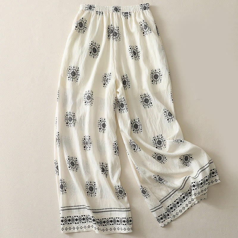 Buddha Stonesボヘミアンプリント天体柄レディースワイドレッグコットンパンツ（ポケット付き） - image 6