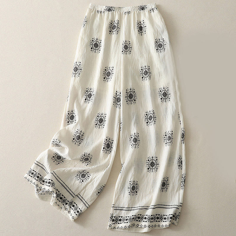 Buddha Stonesボヘミアンプリント天体柄レディースワイドレッグコットンパンツ（ポケット付き） - 白 - US8-10，UK/AU12-14，EU40-42 (2XL) - image 5