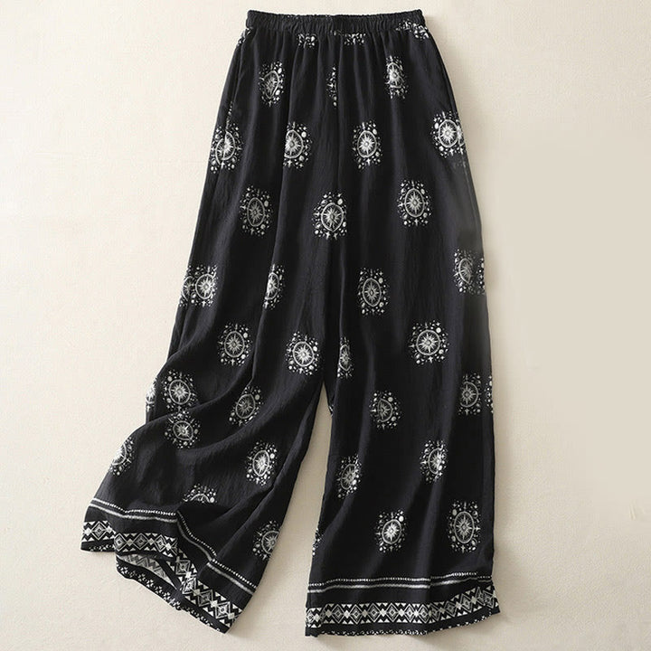 Buddha Stonesボヘミアンプリント天体柄レディースワイドレッグコットンパンツ（ポケット付き） - 黒 - US8-10，UK/AU12-14，EU40-42 (2XL) - image 1