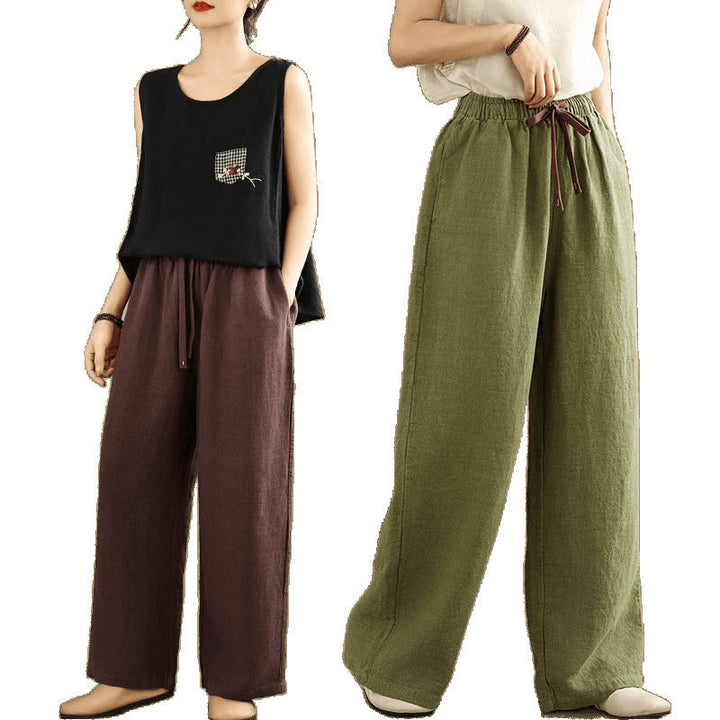 Buddha Stones通勤用レトロ無地レディースハーレムドローストリングコットンパンツ ポケット付き - image 25