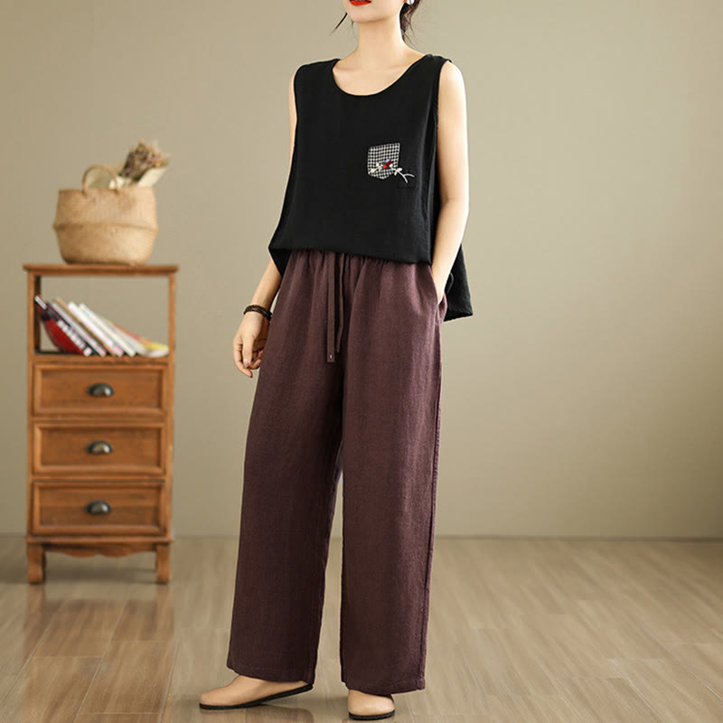 Buddha Stones通勤用レトロ無地レディースハーレムドローストリングコットンパンツ ポケット付き - image 10