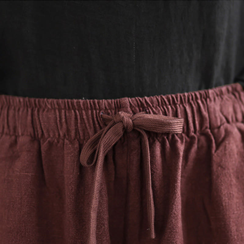 Buddha Stones通勤用レトロ無地レディースハーレムドローストリングコットンパンツ ポケット付き - image 11