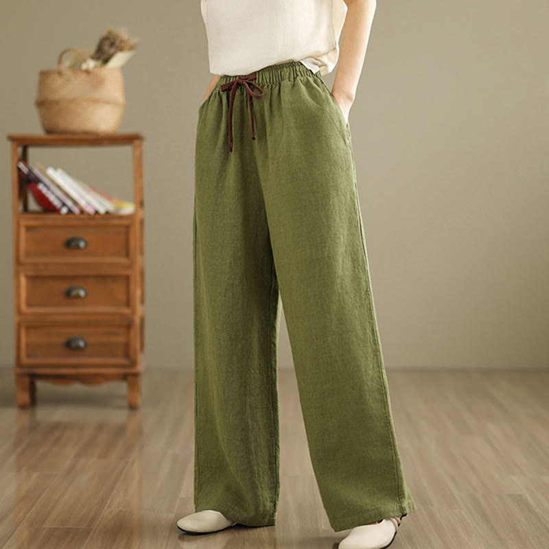 Buddha Stones通勤用レトロ無地レディースハーレムドローストリングコットンパンツ ポケット付き - image 4