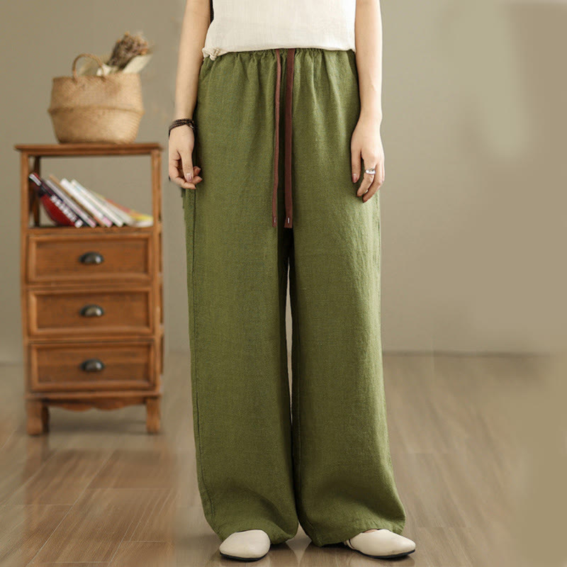 Buddha Stones通勤用レトロ無地レディースハーレムドローストリングコットンパンツ ポケット付き - image 1