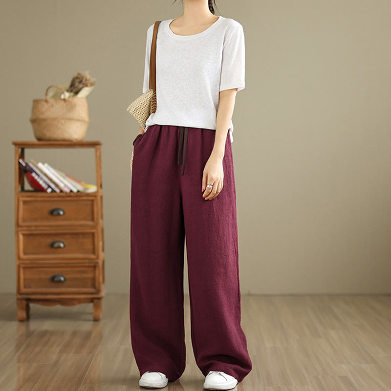 Buddha Stones通勤用レトロ無地レディースハーレムドローストリングコットンパンツ ポケット付き - image 24