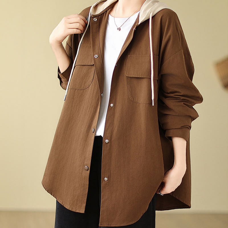 Buddha Stonesカジュアル通勤用ドローストリングパーカー レディース コットンリネン ジャケット ポケット付き - サドルブラウン - US14、 UK/AU18、 EU46 (2XL) - image 0