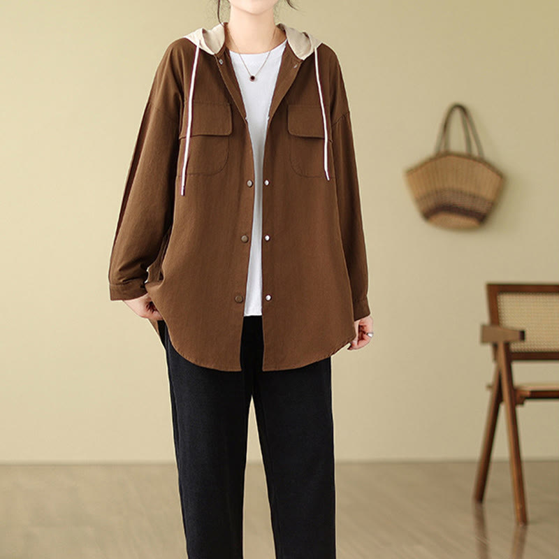 Buddha Stonesカジュアル通勤用ドローストリングパーカー レディース コットンリネン ジャケット ポケット付き - image 6