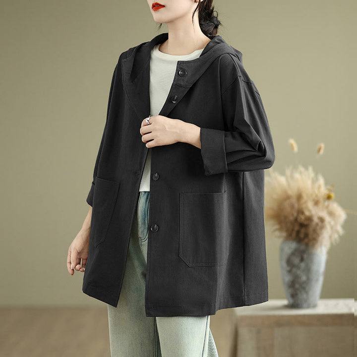 Buddha Stones秋冬ヴィンテージパーカー レディース コットンリネンジャケット フロントポケット付き - 黒 - US12、 UK/AU16、 EU44 (XL) - image 16