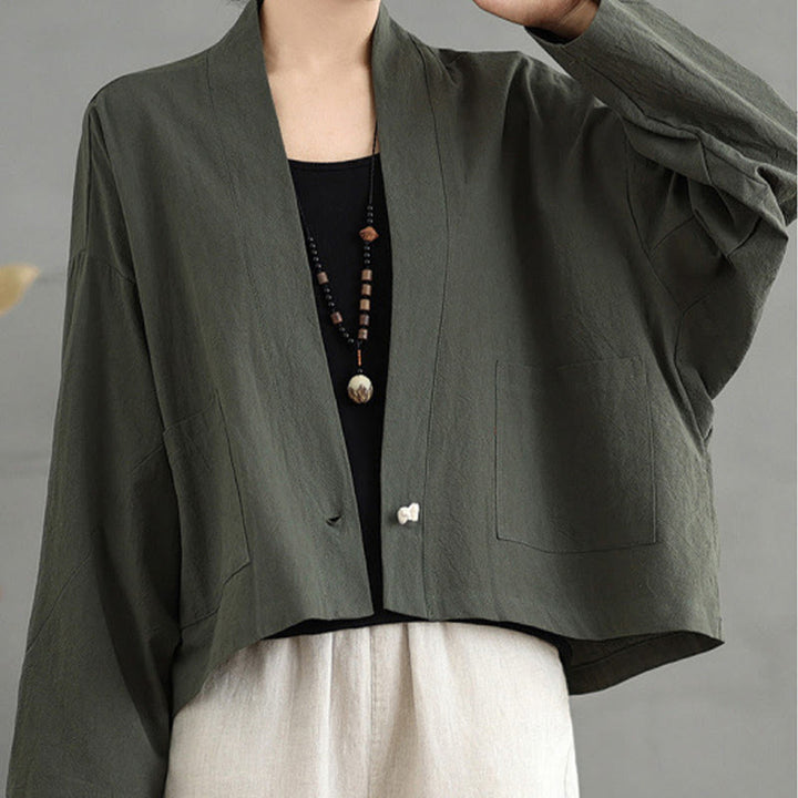 Buddha Stonesカジュアル ヴィンテージ 無地 長袖 オープンフロント カーディガン コットンリネン ジャケット ポケット付き - ダークオリーブグリーン - US14、 UK/AU18、 EU46 (2XL) - image 13