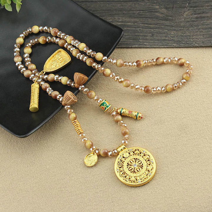 Buddha Stonesチベット蓮ラウンドプレートゴールデンタイガーアイビーズネックレスペンダント - image 8