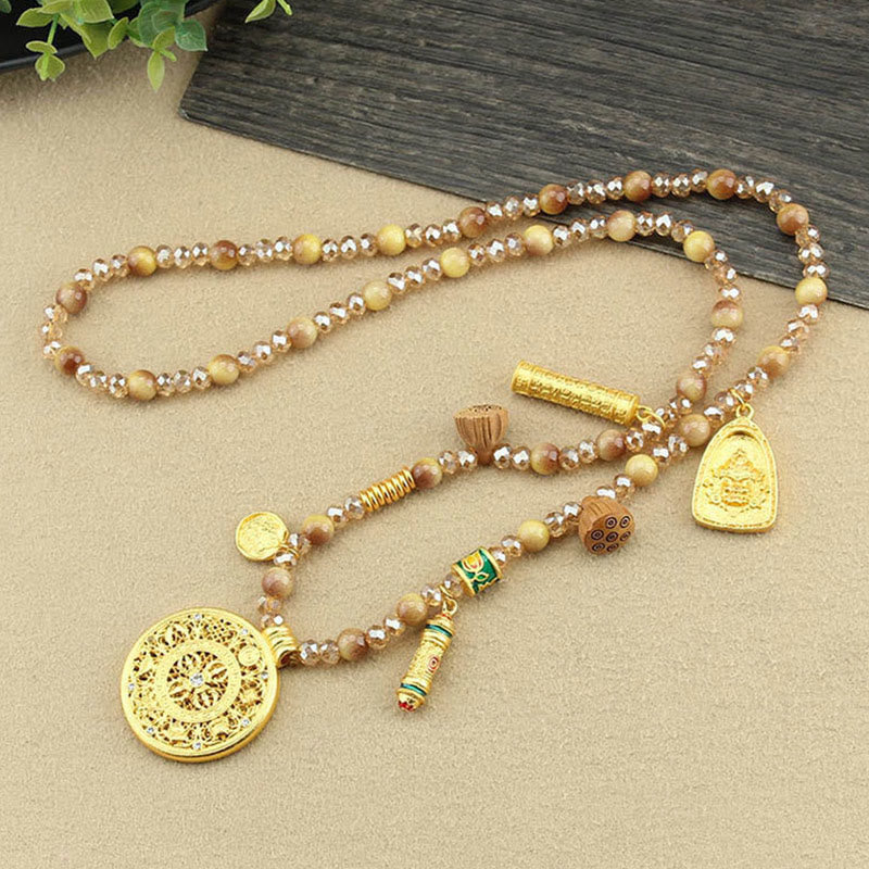 Buddha Stonesチベット蓮ラウンドプレートゴールデンタイガーアイビーズネックレスペンダント - image 4