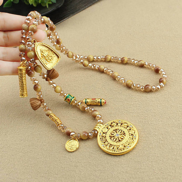 Buddha Stonesチベット蓮ラウンドプレートゴールデンタイガーアイビーズネックレスペンダント - image 5