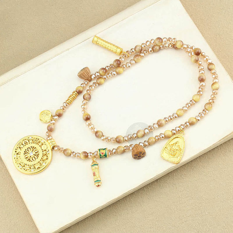 Buddha Stonesチベット蓮ラウンドプレートゴールデンタイガーアイビーズネックレスペンダント - image 11