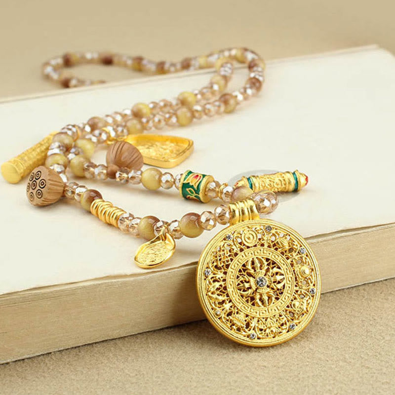 Buddha Stonesチベット蓮ラウンドプレートゴールデンタイガーアイビーズネックレスペンダント - 八宝丸皿 - image 1