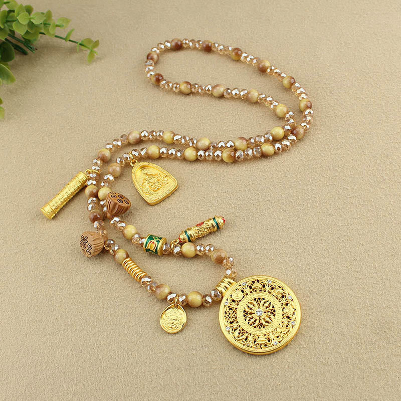 Buddha Stonesチベット蓮ラウンドプレートゴールデンタイガーアイビーズネックレスペンダント - image 9