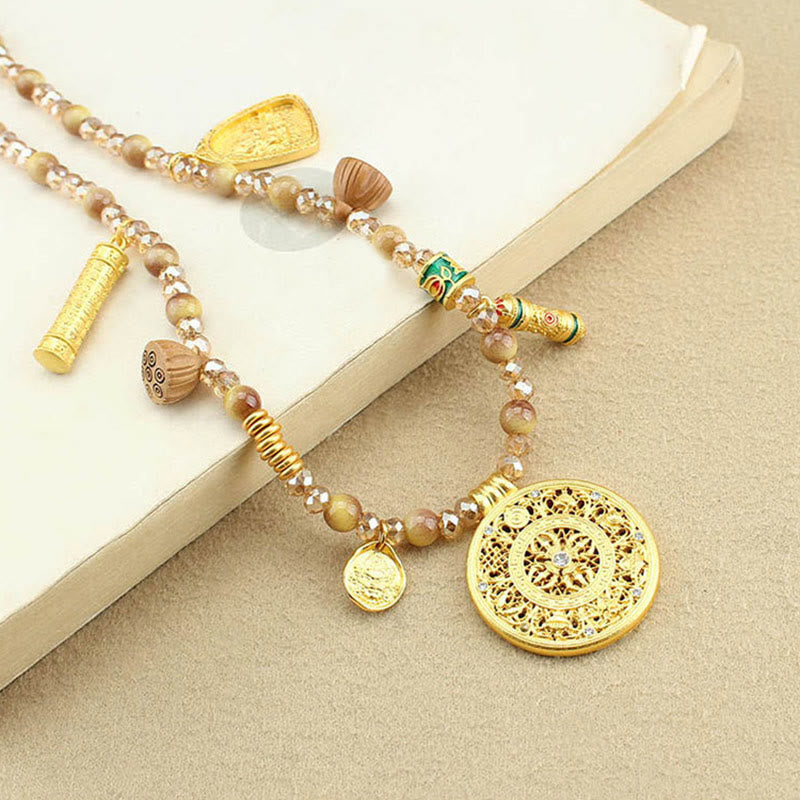 Buddha Stonesチベット蓮ラウンドプレートゴールデンタイガーアイビーズネックレスペンダント - image 2