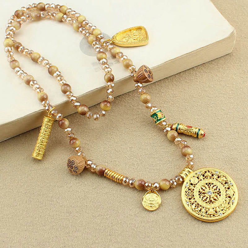 Buddha Stonesチベット蓮ラウンドプレートゴールデンタイガーアイビーズネックレスペンダント - image 3