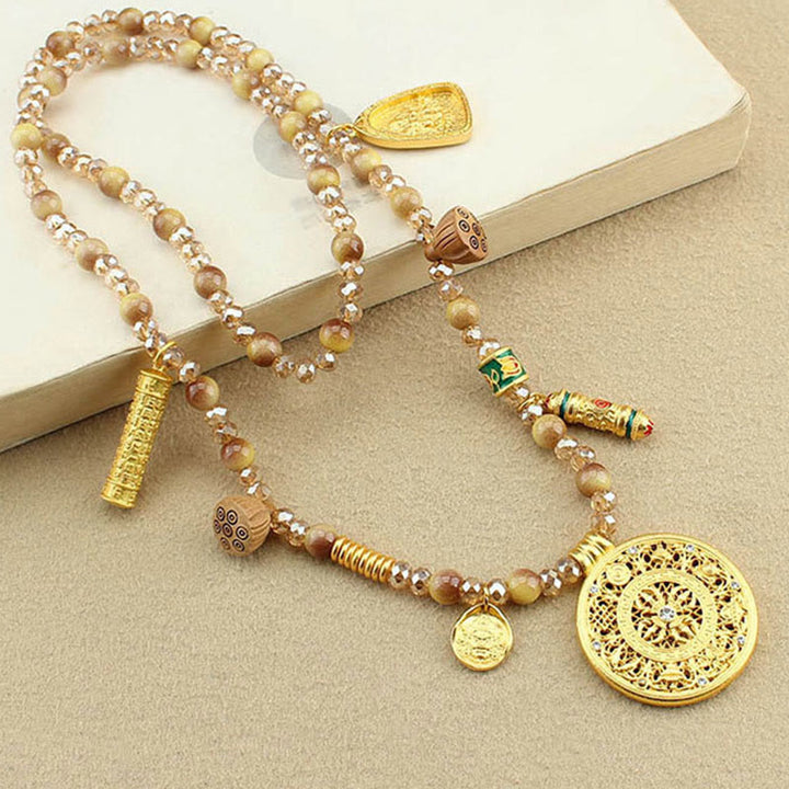 Buddha Stonesチベット蓮ラウンドプレートゴールデンタイガーアイビーズネックレスペンダント - image 3