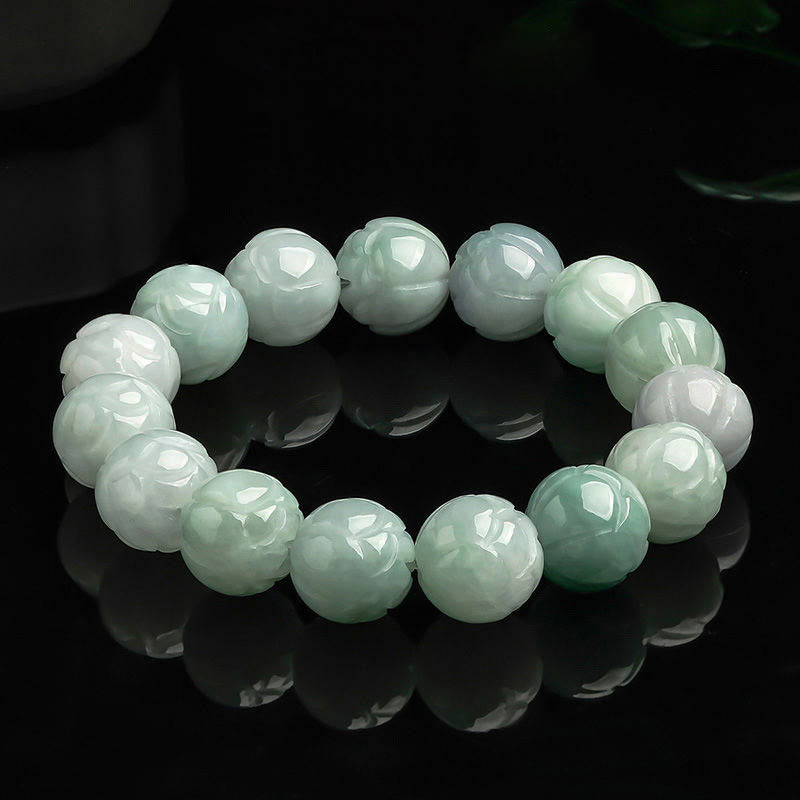 Buddha Stones天然翡翠蓮彫刻豊かさブレスレット - 翡翠-13.5mm - image 1