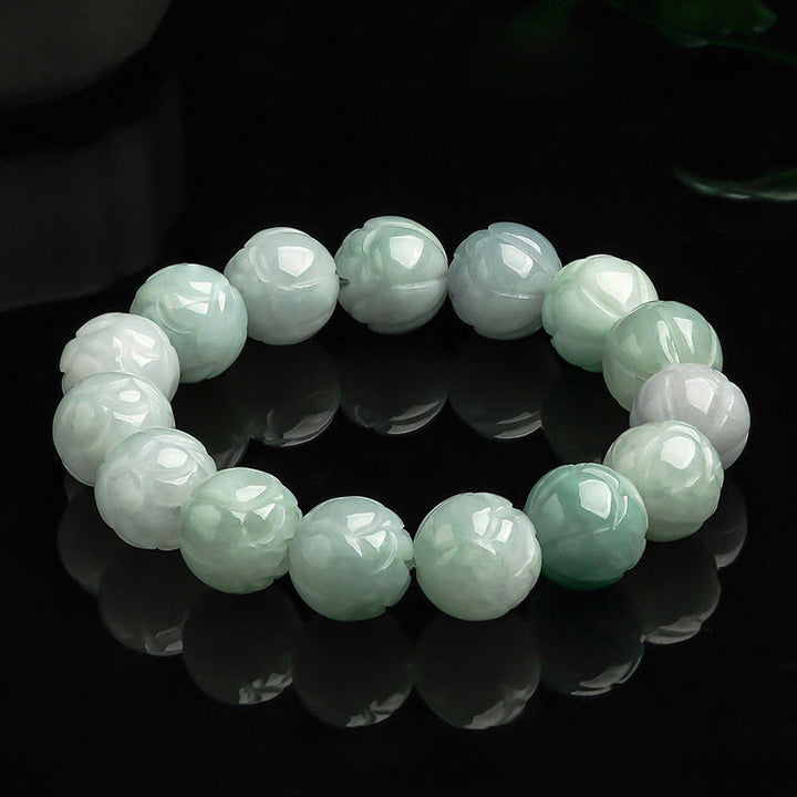 Buddha Stones天然翡翠蓮彫刻豊かさブレスレット - 翡翠-13.5mm - image 1