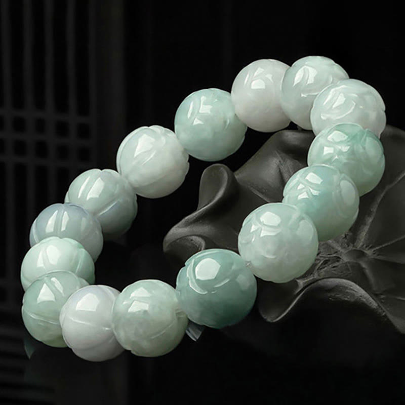 Buddha Stones天然翡翠蓮彫刻豊かさブレスレット - image 3