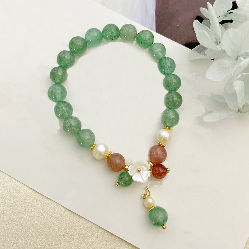 Buddha Stonesグリーンストロベリークォーツシェル ピーチブロッサム スージングブレスレット - image 5