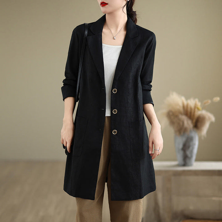 Buddha Stonesカジュアル 秋 ボタンデザイン ラペル レディース コットンリネン コート ポケット付き - 黒 - US8-10，UK/AU12-14，EU40-42 (2XL) - image 0