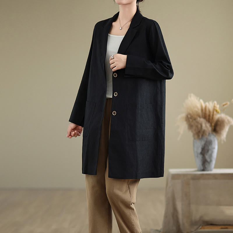 Buddha Stonesカジュアル 秋 ボタンデザイン ラペル レディース コットンリネン コート ポケット付き - image 2