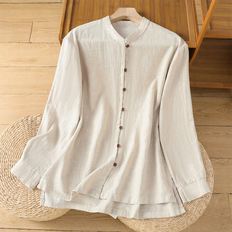 Buddha Stones春 無地 シンプル 裾スリットデザイン コットンリネン レディース シャツ - リネン - US14、 UK/AU18、 EU46 (2XL) - image 1