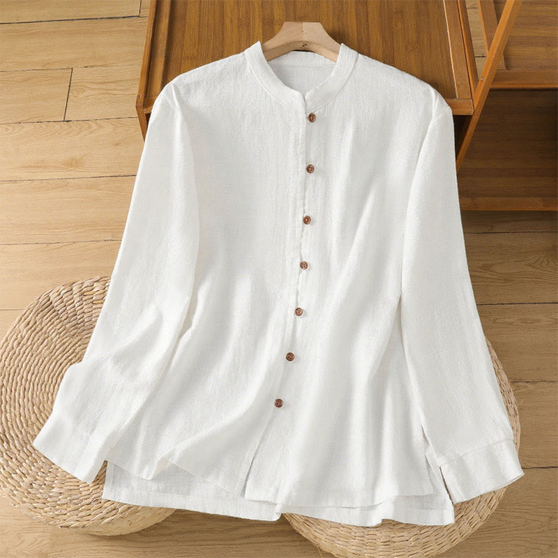 Buddha Stones春 無地 シンプル 裾スリットデザイン コットンリネン レディース シャツ - 白 - US14、 UK/AU18、 EU46 (2XL) - image 11