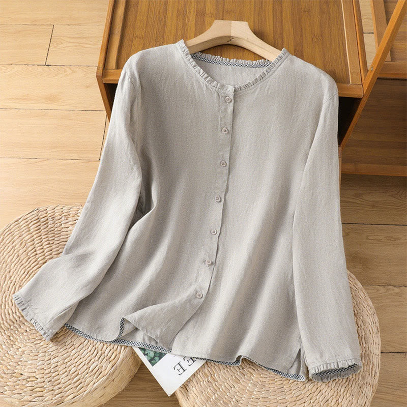 Buddha Stones春の無地ボタンデザインフリルクルーネックレディースコットンリネンシャツ - 銀 - US14、 UK/AU18、 EU46 (2XL) - image 6