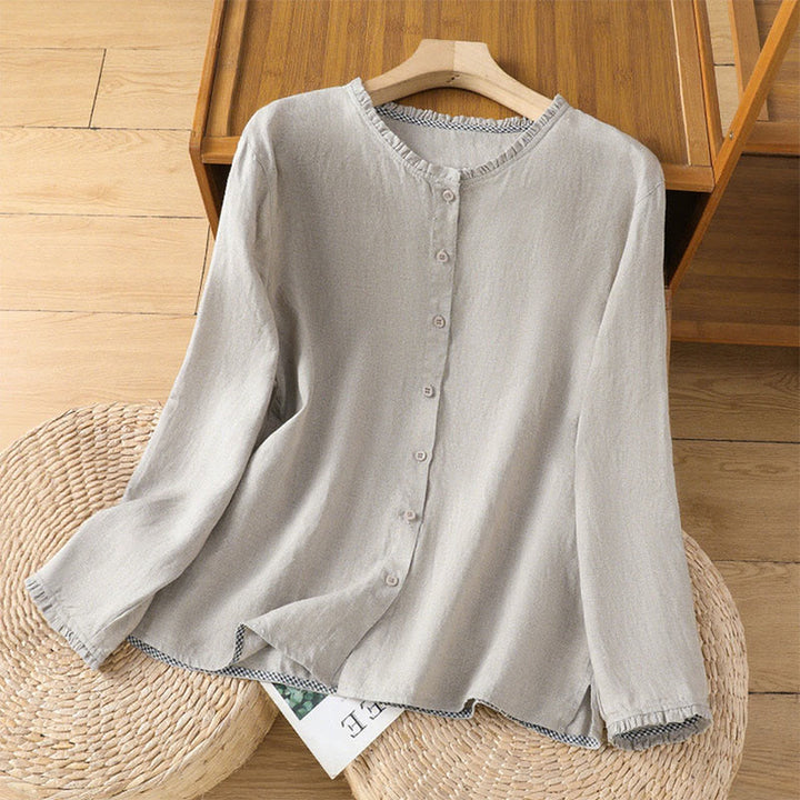 Buddha Stones春の無地ボタンデザインフリルクルーネックレディースコットンリネンシャツ - 銀 - US14、 UK/AU18、 EU46 (2XL) - image 6