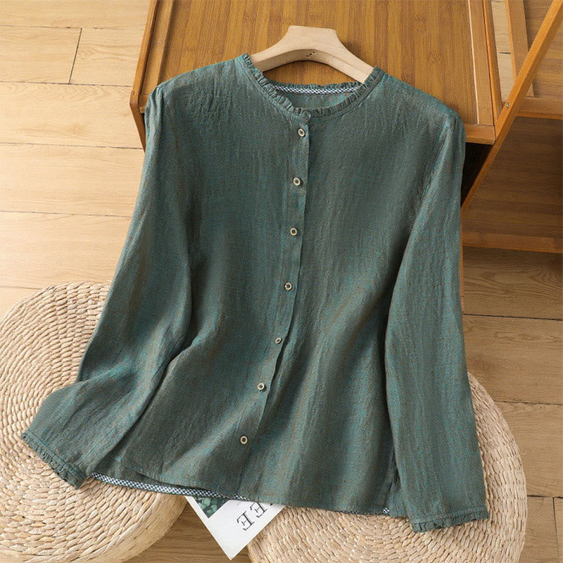 Buddha Stones春の無地ボタンデザインフリルクルーネックレディースコットンリネンシャツ - シーグリーン - US14、 UK/AU18、 EU46 (2XL) - image 1