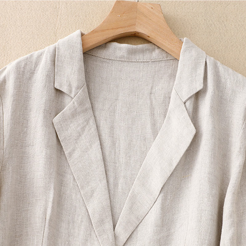 Buddha Stones通勤用レトロピュアカラーラペルコットンリネンレディースジャケット（ポケット付き） - image 8