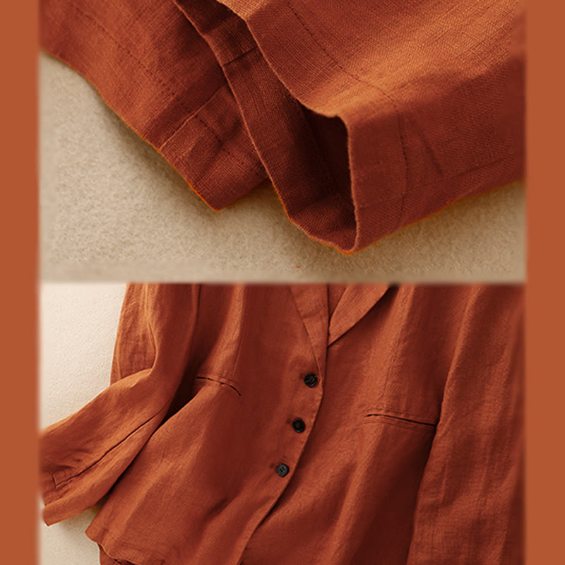 Buddha Stones通勤用レトロピュアカラーラペルコットンリネンレディースジャケット（ポケット付き） - image 15