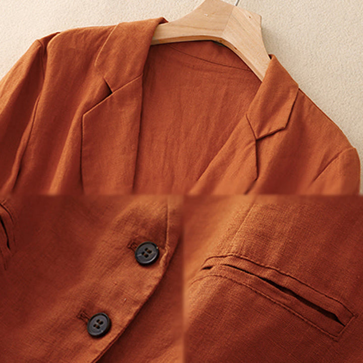 Buddha Stones通勤用レトロピュアカラーラペルコットンリネンレディースジャケット（ポケット付き） - image 14