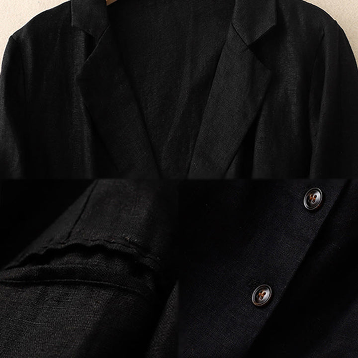 Buddha Stones通勤用レトロピュアカラーラペルコットンリネンレディースジャケット（ポケット付き） - image 5