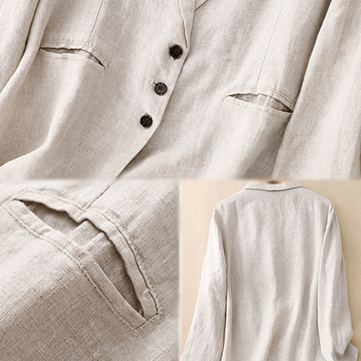 Buddha Stones通勤用レトロピュアカラーラペルコットンリネンレディースジャケット（ポケット付き） - image 12