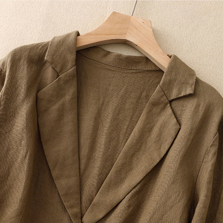 Buddha Stones通勤用レトロピュアカラーラペルコットンリネンレディースジャケット（ポケット付き） - image 1