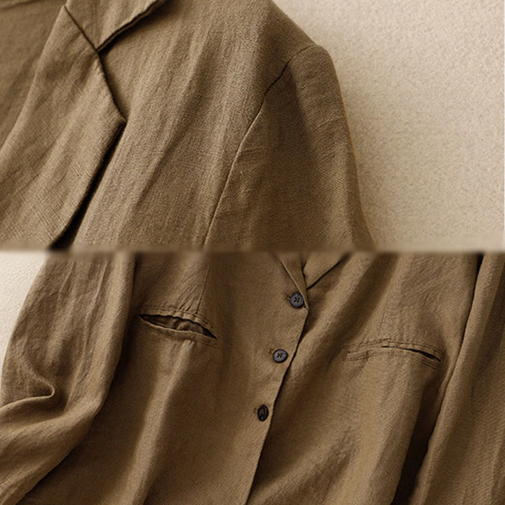 Buddha Stones通勤用レトロピュアカラーラペルコットンリネンレディースジャケット（ポケット付き） - image 2