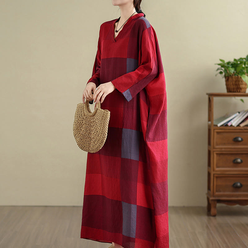 Buddha Stonesのスプライスチェック柄コットンリネンレディースマキシドレス（ポケット付き） - image 11