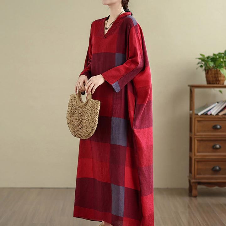 Buddha Stonesのスプライスチェック柄コットンリネンレディースマキシドレス（ポケット付き） - image 11