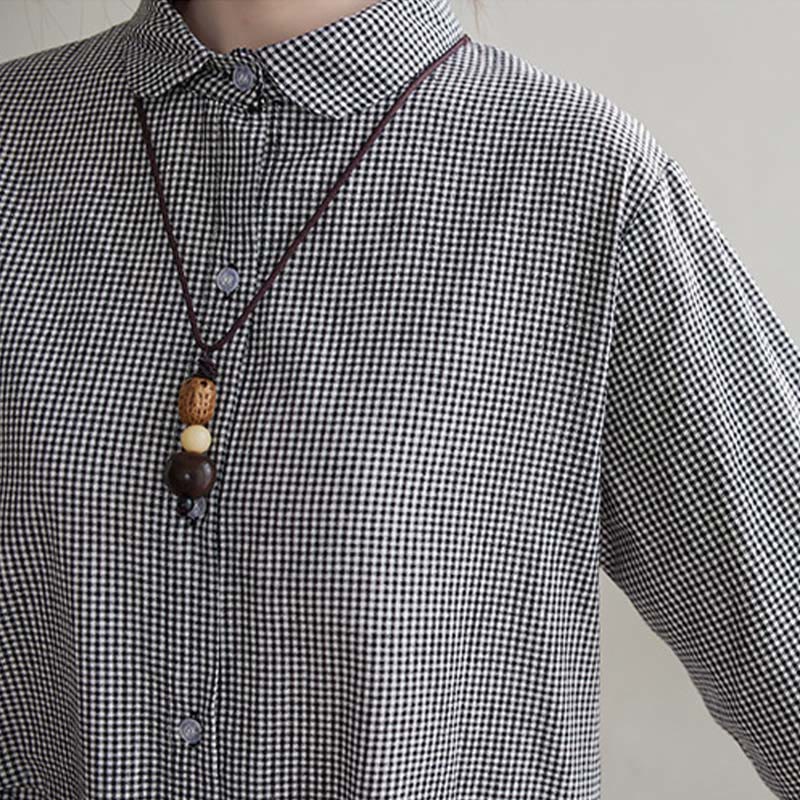 Buddha Stonesの小さな格子模様のコットンリネンのレディースミディドレス（ポケット付き） - image 14