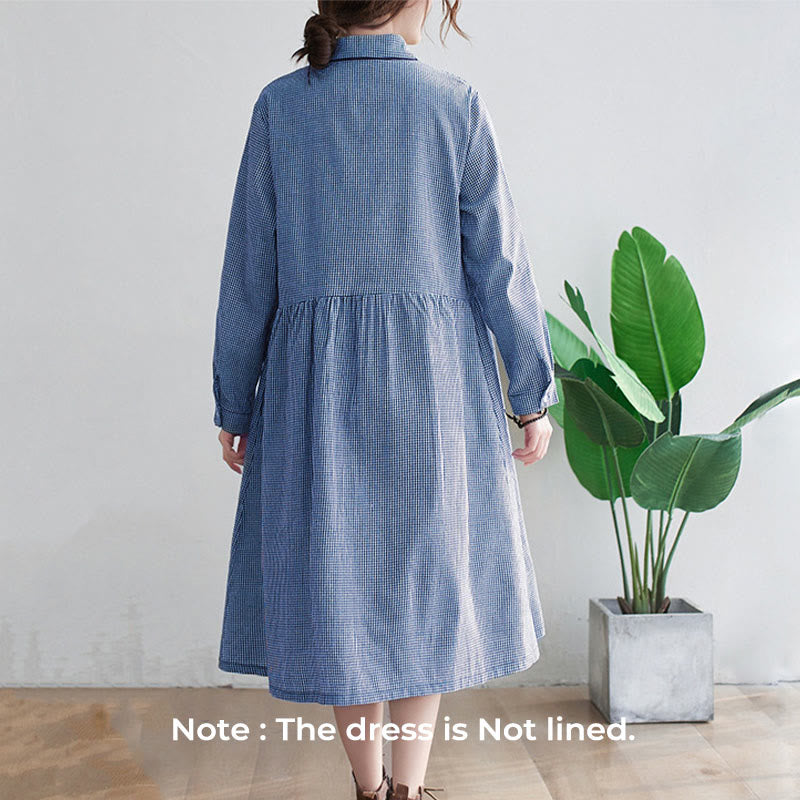 Buddha Stonesの小さな格子模様のコットンリネンのレディースミディドレス（ポケット付き） - image 2
