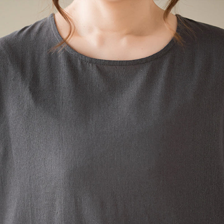 Buddha Stonesカジュアル プレーン クルーネック コットンリネン ミディドレス ポケット付き - image 10