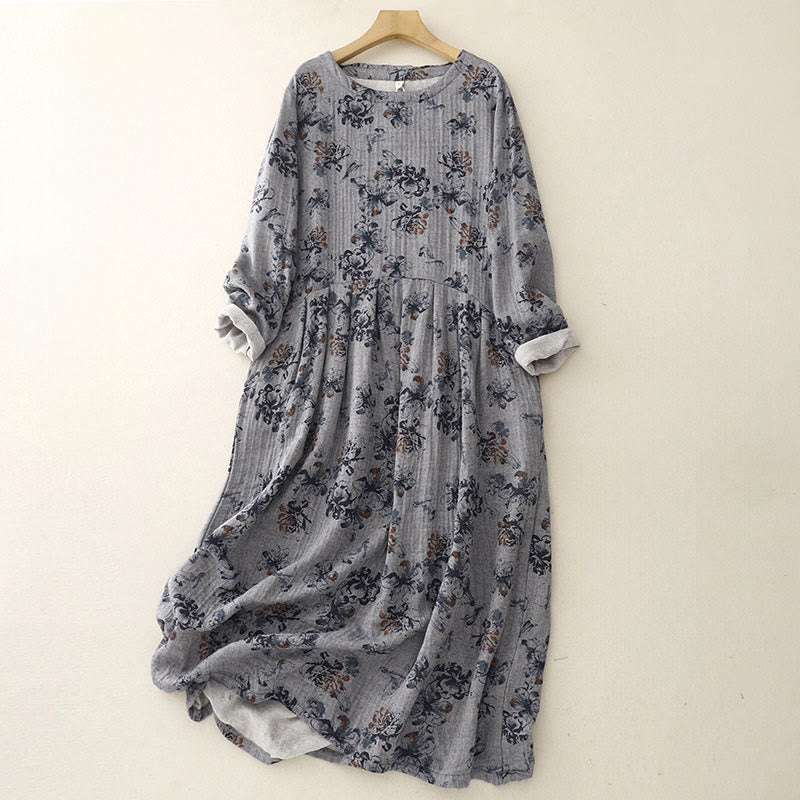Buddha Stonesカジュアル小花柄クルーネックコットンリネンミディドレス（ポケット付き） - グレー - US8-10，UK/AU12-14，EU40-42 (2XL) - image 12