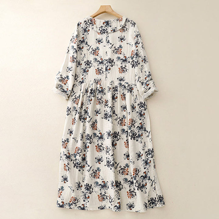 Buddha Stonesカジュアル小花柄クルーネックコットンリネンミディドレス（ポケット付き） - image 3