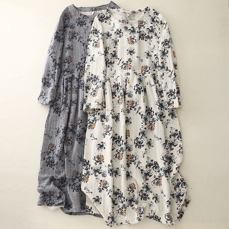 Buddha Stonesカジュアル小花柄クルーネックコットンリネンミディドレス（ポケット付き） - image 21