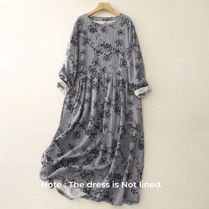 Buddha Stonesカジュアル小花柄クルーネックコットンリネンミディドレス（ポケット付き） - image 13