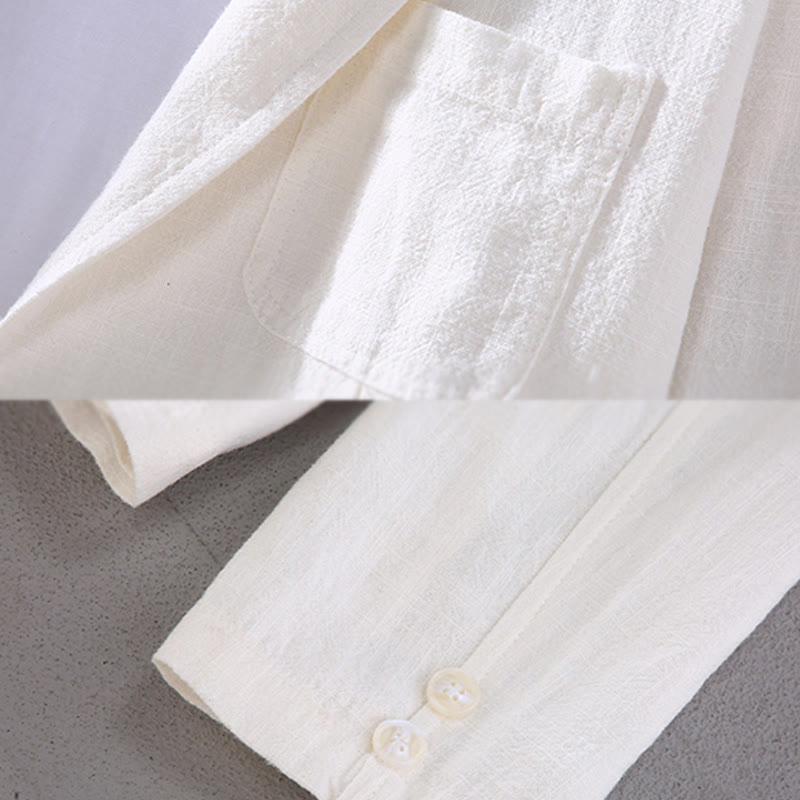 Buddha Stones長袖ボタン無地デザインメンズリネンジャケットシャツ ポケット付き - image 4